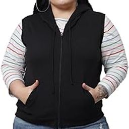 Women Solid Front Open Zipper Sleeveless Plus Size Hooded Sweatshirt-15
