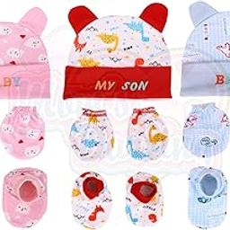 Mom's Darling Cotton Cap, Mittens and Booties for New Born (0-6 Months) - Multicolor, Pack of 3 Pairs | For Baby Boy & Girl |-image-74