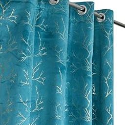 Waco Creation Foil Leaf Printed Velvet Blackout Window Curtains 6 Feet Long Set of 2 | Grommet Room Darkening Drapes Curtains for Living Room Office & Home Decor (4 X 6 Feet) - Aqua-image-27