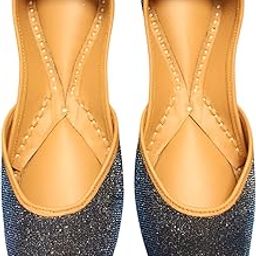 Women's Glitter Punjabi Jutti, Navy Blue and Tan, Traditional Handcrafted Jutis, Bite and Pinch Free Soft Jutis Leather, Punjabi Formal Juti, Girl's Wedding Flats, Indian Ladies Mojari, Bridal Ethnic-image-66