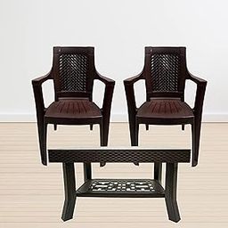 Luxor Set of 2 Plastic Chairs & 1 Vegas Centre Table Combo for Home, Garden & Living Room (Brown)-11
