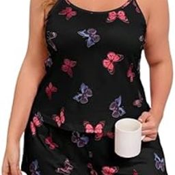 Women's Butterfly Print Camisole Romper Sleepwear, Black with Pink and Purple Pattern-image-67
