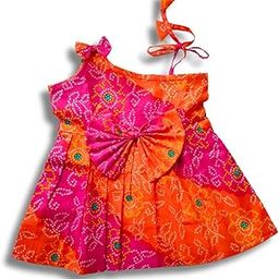 Vihana Collections Baby Girls Bandhej Print Frock Dress for Summer Wear, Pink and Orange, Dress, Sleeveless with Bow Details-image-10