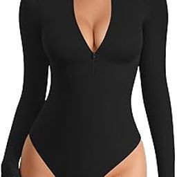 Womens Sexy Zipper Front T Shirt Mock Neck/V Neck Long Sleeve Bodysuit Jumpsuits, A Long Sleeve Black, X-Large-image-38