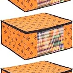 PrettyKrafts Set of 3 Non-Woven Printed Foldable Saree Covers/Wardrobe Organizer With Transparent Window And Zip/Clothes Storage Bag For Women's Lehenga, Suit Saree & Other Accessories (Orange)-image-1