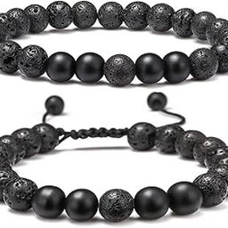 Lava Rock Bracelet - Lava Rock Bead Black Matte Agate Stone Bracelet, Mens Adjustable Bracelets Valentines Day Gifts for Men Gifts for Husband Boyfriend, 9 4 inch, Lava Rock, Black Matte-image-44