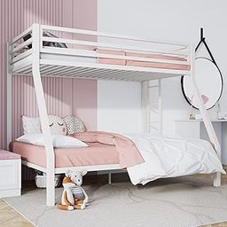SHA CERLIN Loft Bunk Bed Twin Over Full Size with Ladder and Guardrail,Heavy Duty Metal Slats Support No Box Spring Needed Small Space Saving Furniture for Bedroom Dorm,White-picture-0
