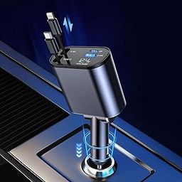 PROODOS Retractable Car Charger Car Accessories | 4 in 1 Car Charger Fast Charging | Compatible with iPhone & Type C | 120W Super Fast Charging Retractable Cables (32 inch) Rectangle-3