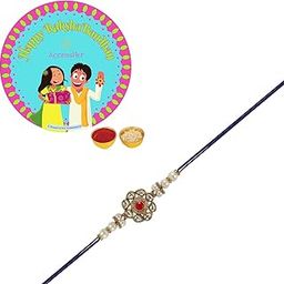 Embrace Tradition Kundan Rakhi - Red Ruby Floral Design for Brother, Comes with Roli/Kumkum Packets, Rice and Raksha Bandhan Card | Latest Rakhi for Brother-21