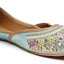 Women Regal Turquoise Tapestry Punjabi Jutti Ethnic Leather Round Toe Slip-On Turqoise Mojaris Embellished Flats-image-55
