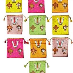 Pack of 10 - Shank Chakra Namam Design Potli Bags - Fabric Potli Bags - Women's Silk Drawstring Closure - Gift Pouches - for Return Gifting (Multi-Color)-92