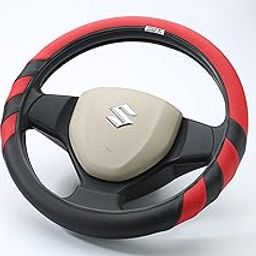 Soft X Premium Faux Leather Car Steering Wheel Cover Universal Size | Breathable Anti Slip Steering Cover for Untlimate Comfort & Style - Color : Black & Red-4