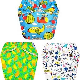 Dumbledo Premium Newborn Cloth Diaper with Integrated Insert Leak-Proof, Hypoallergenic, Adjustable Fit for 0 to 3 months (White Shapes+Green Mango+Blue Spaceship, Pack of 3)-12