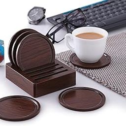 Nabhya Designer Plastic & Steel Coaster Tea Cups, Coffee Mugs/Beer Cans Bar Tumblers & Water Glasses - Set of 6 & 1 Holder (Brown)-image-9