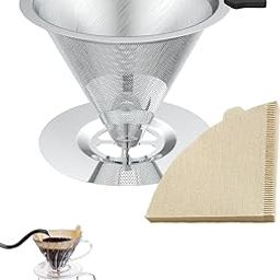 Coffee Filter Set, Stainless Dual Mesh Filter Coffee Machine with Cone Coffee Filter Paper, Conical Paper Filter for Pour Over and Drip Coffee Maker (Filter+50 Coffee Filter Papers)-image-10