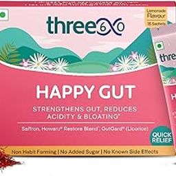 three60 HAPPY GUT Powder | Quick Relief from Acidity & Bloating | Howaru Restore, Saffron Extract, Gutgard | No Added Sugar | No Artificial Colours | 15 Powder Sachets-image-72
