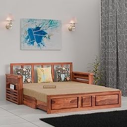 WOODTREND Solid Sheesham Wooden Sofa Cums Bed with Mattresses for Living Room|Rosewood 3-Person Sofa Cums Bed for Bedroom Without Pillow (A-Natural, 3 Seater)-71