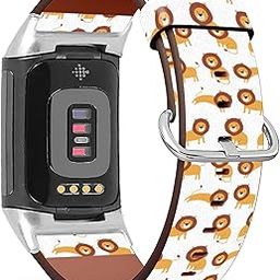 MINGDAO Compatible with Fitbit Charge 5 , Patterned Leather Replacement Band , Cartoon Lion Pattern-12