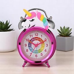 De'rons Twin Bell Analog Table Alarm Clock with Backlight for Heavy Sleepers Alarm Clock for Students Funny Cute Cartoon Unicorn Shape Alarm Clock for Girls Kids Boys Bedroom 12 x 8 cm (Pink)-4
