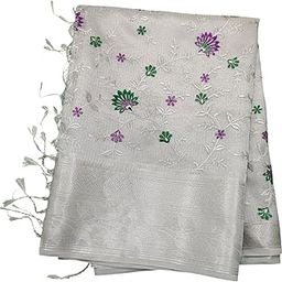 Banarasi Tissue Embroidered Silk Saree with Floral Design, Green and Purple Thread Work, Silver Grey Saree-image-43