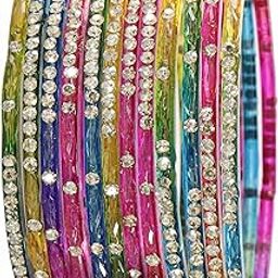 Latest Glass Bangles Set with Golden Zircon Diamond & Beads Work For Women & Girls | Trending Transparent Glass Bangles | Stylish Chudi Set | Traditional Girl's Bangles Bracelet- Set of 12-image-59