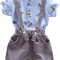 Polyester Aeroplane Printed Kids Half Sleeve Pc Shirt And Bib Shorts Dungaree With Suspender For Infant Toddler Baby Boy's Party Clothing Set Jumpsuit-2