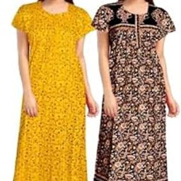 Permium Combo Cotton Long Half Sleeve Printed Nighty for Women-Yellow-Black-picture-35