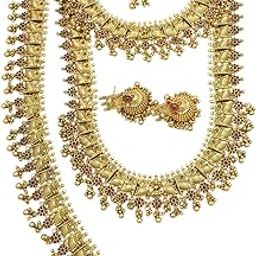 Women's Jewelery set for GoldPlated haram necklace Hipbelt and Earings with full Semi Set Collections with traditional red & green Stone festive Collections-image-22