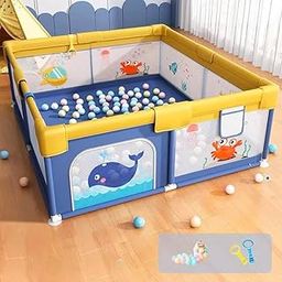 Dawnwake Large Playpen 150x180 cm for Baby up to 4 Years Playard with Pit Balls and Anti-Fall Grasp Rings, Kids Activity Center with Safety Lock & Small Storage Bag (No Mat, Non-Foldable) - Blue-picture-29