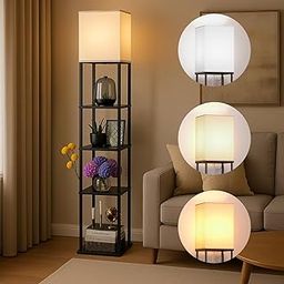 HOMIFLY 5 Tier Metal Floor Lamp with Wooden Shelves/Square Lamp with 3 Adjustable Color Mode/Corner Display Book & Vase Shelf/Standing Night Lamps for Living-Study Room/Bedroom/Home Decor(Black)-image-91