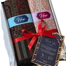 His And Her Set Of Faux Pashmina Kani Shawl with Mughal Artwork and Zari Accents, Premium Git Box Packing. Black & White.-image-35
