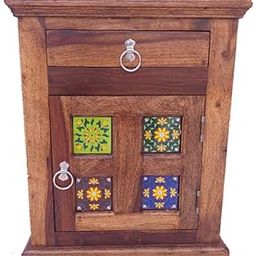 ROOFWOOD Ciramic Left Side Open Solid Sheesham Wood Bedside Table for Bedroom | Nightstand Lamp Holder | End Table with 1 Drawer & Door Storage for Bedroom-16