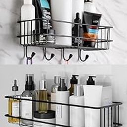 Puno Pack of 2 Wall Mounted Bathroom Shelf Rack | Self Adhesive Black Steel Storage Organizer with 4 Hooks for Kitchen & Bathroom-image-79