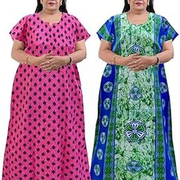Traditional Indian Cotton Maxi Dress, Plus Size, Ethnic Print with Medallion Pattern, Short Sleeves, Maroon and Navy Blue, Pack of 2 (Pink titli Green Batik, 3XL)-image-65