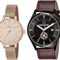 Analog Wrist Watches for Couple with Leather & Mesh Strap - CT 1020 BrownBlack + 2014 Rosegold-image-12