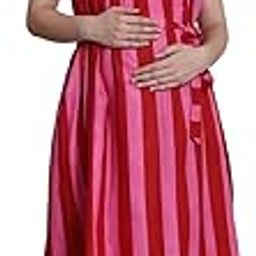 Striped Red & Pink Cotton Maternity Dress/Feeding/Nursing/Zipper/Button/Printed/Calf Length-image-13