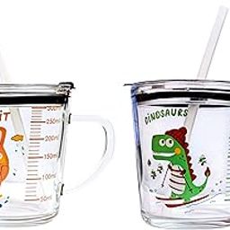 IndusBay® 2 Pieces, 300 ML Cartoon Printed Glass Sipper Mug Jar with Silicone Straw and Airtight Leakproof Lid Measuring Scale Drinking Cup for Kids Boys and Girls Perfect for Milk,Juice,Coffee-image-62