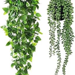 Ekhasa Hanging Artificial Plants with Pot (Set of 2) | Money Plant Artificial Hanging Plants for Home Decor | Falling Creepers Climbers Green Fake Vines with Pots (String of Pearls, Golden Pothos)-26