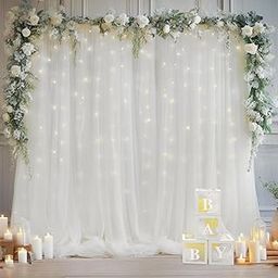 Backdropon Traditional Backdrop Decoration Fabric -6Pcs White Net Curtain for Decoration with Lights | Backdrop for Pooja Decoration | Net Curtains for Decoration Birthday, Anniversary, Wedding, Pooja-16