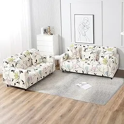 HOKIPO Printed 5 Seater Fully Covered Sofa Cover in 3 Seater and 2 Seater Configuration, Beige Brown Leaves (AR-4094-D20 + AR-4095-D20)-image-0