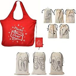 Premium Reusable Combo | Includes 1 Foldable Microfiber Tote Bag (Red), 5 Cotton Travel Pouches, & 3 Shoe Covers | Ideal for Travel & Storage | Eco-Friendly Design | Pack of 9-image-60