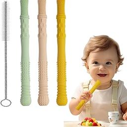 Silicone Hollow Baby Teething Tubes, Teethers for 6 to 12 Months with Straw Cleaner Brush, Baby Teething Relief Toys for Babies Girls Boys (Pack of 3pcs)-30