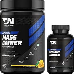 DNUTRIXN Advance Mass Gainer | High Protein with Digestive Enzyme & Multivitamin + Weight Gainer Capsules 30N | Combo Pack (500g, Mango Delight)-image-20
