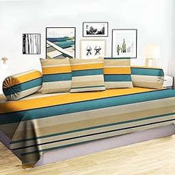 IVAZA 160 TC Diwan Set Glace Cotton 6 Pcs | Deewan Printed Bedsheet Set for Living Room Hall (1-Bed Sheet 60 x90 Inch | 2-Bolster Cover 16x32 Inch | 3 Cushion Cover 16x16 Inch) Yellow Line-image-30