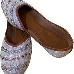 Embellished Jutti for Women, Glittery Embroidered Flats, Leather Sole Off White-image-73