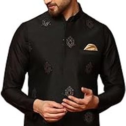 Men's Nehru Jacket Black Ethnic Festive Traditional Waistcoat Cotton, Regular Fit-27