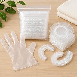 Adbeni Disposable Transparent Gloves 100 Pcs & Shower Caps 50 Pcs | Waterproof, Latex-Free | For Hair Coloring, Food Handling, Cleaning, Bathing, Kitchen & Salon | One Size Fits Most-44
