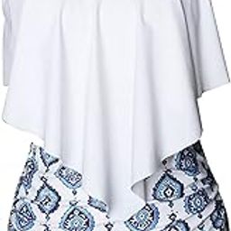 Printed Swimsuit, High Waisted Tankini Back Tie Bikini Bottoms for Pool (S) White-picture-9