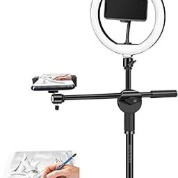 BROLAVIYA Overhead Video Floor Stand with 10-inch Ring Light, Metal arm,1/4" Ball Head for Camera,Webcam,Gopro, with Mobile Bracket for YouTube, Desktop, Bedroom, Office.-11