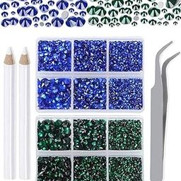 LPBeads 6000 Pieces Emerald and Sapphire Non Hotfix Rhinestones 6 Sizes Round Crystal Glass Flat Back Rhinestones with Tweezers and Picking Pen for Nail Art Crafts Clothes Bags DIY-19